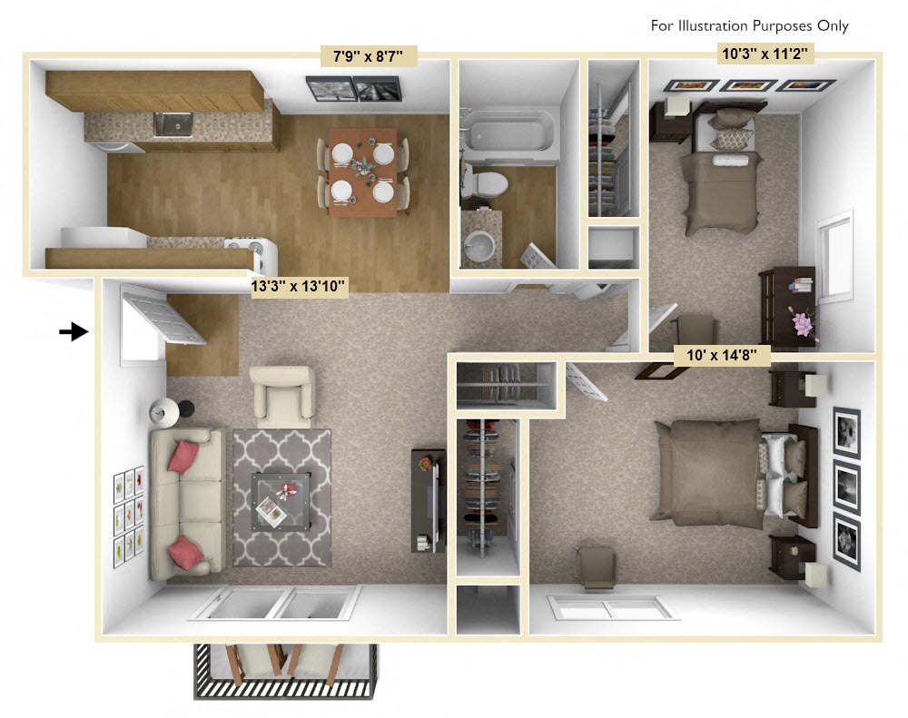 Floor plan for 2 beds, 1 bath, 760 sqft